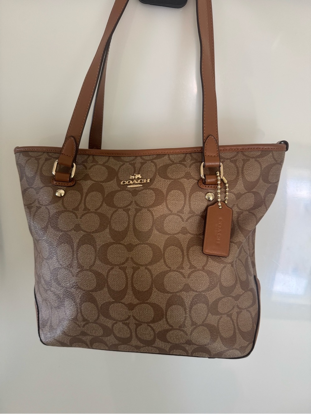Coach Brown Signature Canvas Tote with Leather Trim